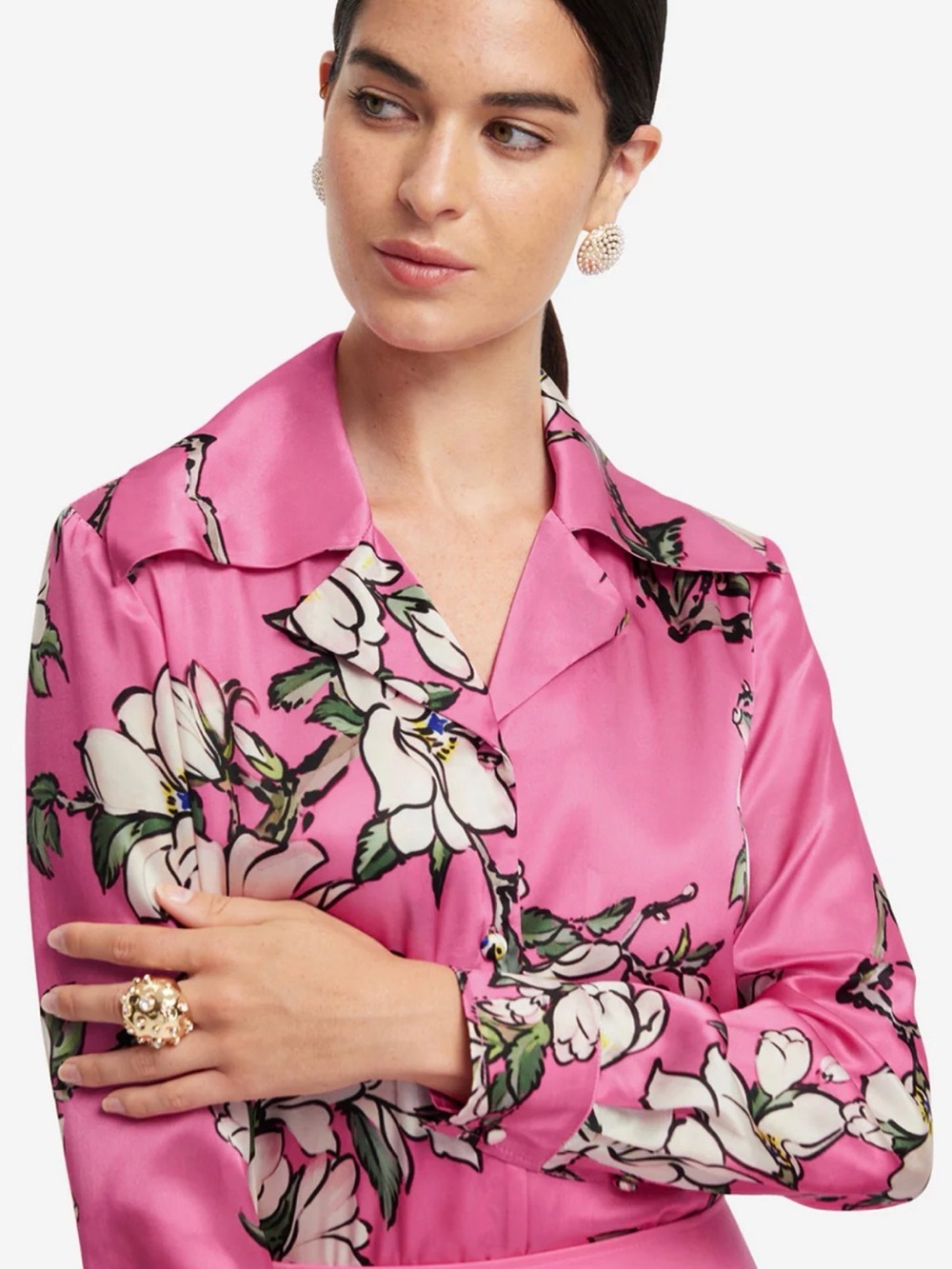 NWT LEO LIN Pink Floral Silk Button-Up Blouse